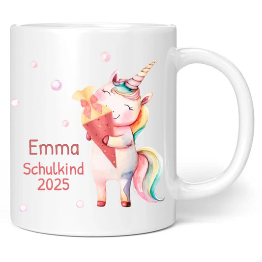 Tasse "Schulkind 2025" (Einhorn mit Schultüte) personalisiert mit eigenem Namen