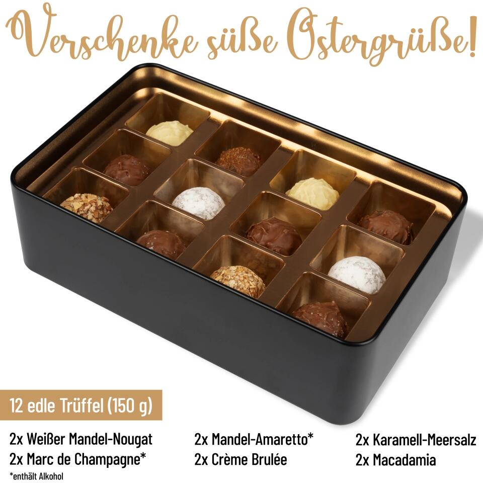 Geschenkdose mit Pralinen personalisiert mit Namen + Wunschtext „Frohe Ostern“ mit Osterküken & Osterhasen