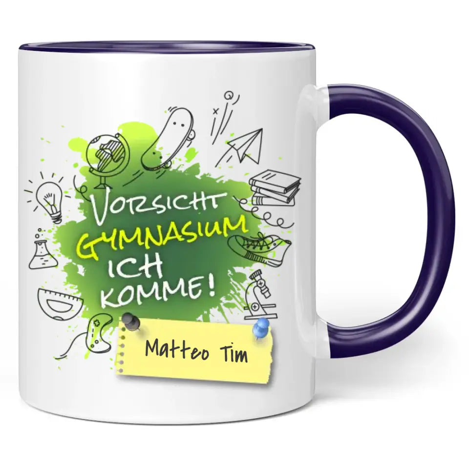 Tasse "Vorsicht Gymnasium ich komme!" personalisiert mit Namen