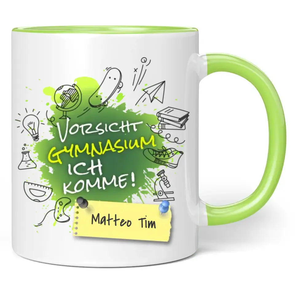 Tasse "Vorsicht Gymnasium ich komme!" personalisiert mit Namen