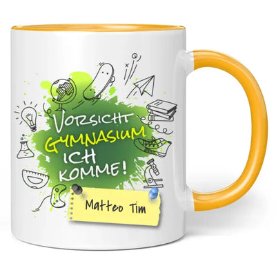 Tasse "Vorsicht Gymnasium ich komme!" personalisiert mit Namen