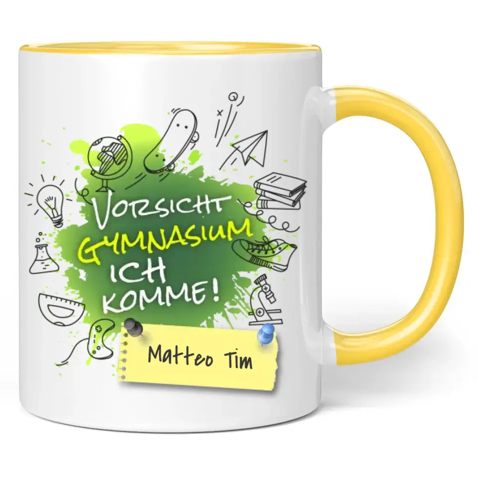 Tasse "Vorsicht Gymnasium ich komme!" personalisiert mit Namen