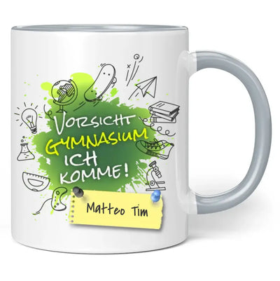 Tasse "Vorsicht Gymnasium ich komme!" personalisiert mit Namen