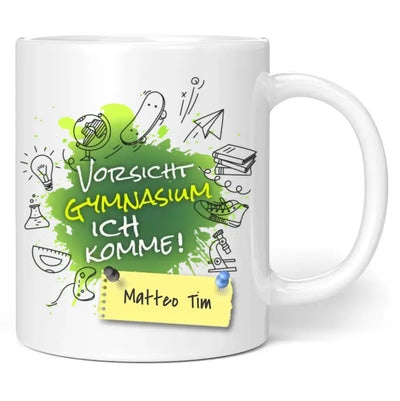 Tasse "Vorsicht Gymnasium ich komme!" personalisiert mit Namen