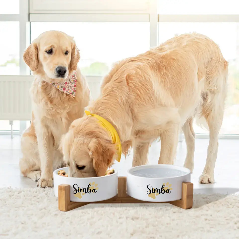 Personalisierte Futternäpfe "Zwei kleine Pfoten" mit / ohne Ständer - für Hunde und Katzen - hochwertige Keramik