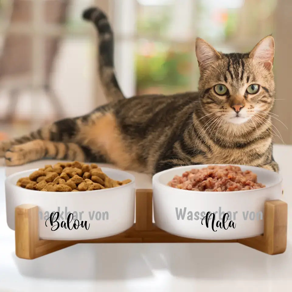 Personalisierte Futternäpfe "Wunschtext 2-zeilig" mit / ohne Ständer - für Hunde und Katzen - hochwertige Keramik