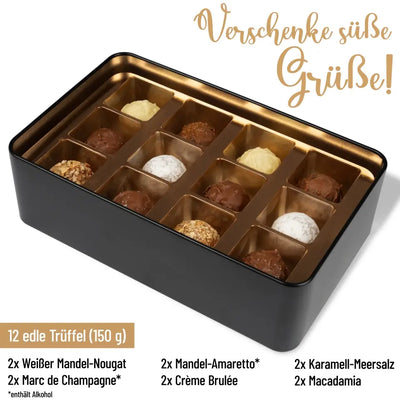 Geschenkdose mit Pralinen personalisiert mit Wunschtext „Meins (Holzkiste)“