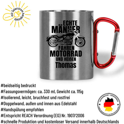 Tasse mit Karabiner "Echte Männer/Starke Frauen fahren Motorrad und heißen ..." personalisiert mit Wunschname