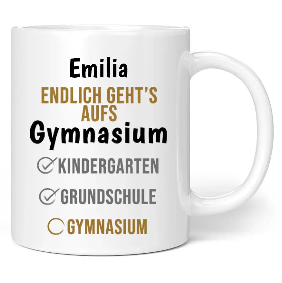 Tasse "Endlich geht's aufs Gymnasium" personalisiert mit Wunschname