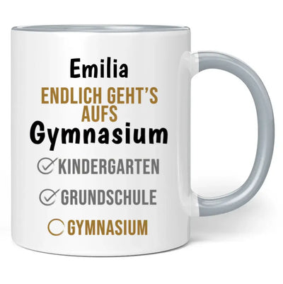 Tasse "Endlich geht's aufs Gymnasium" personalisiert mit Wunschname