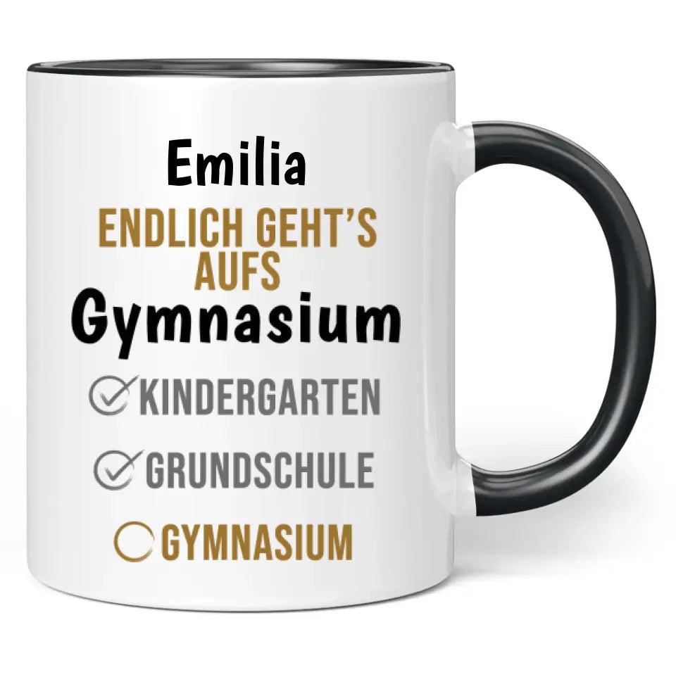 Tasse "Endlich geht's aufs Gymnasium" personalisiert mit Wunschname