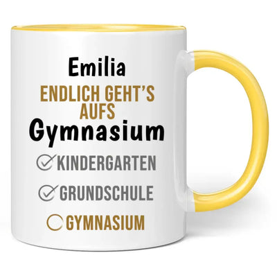 Tasse "Endlich geht's aufs Gymnasium" personalisiert mit Wunschname