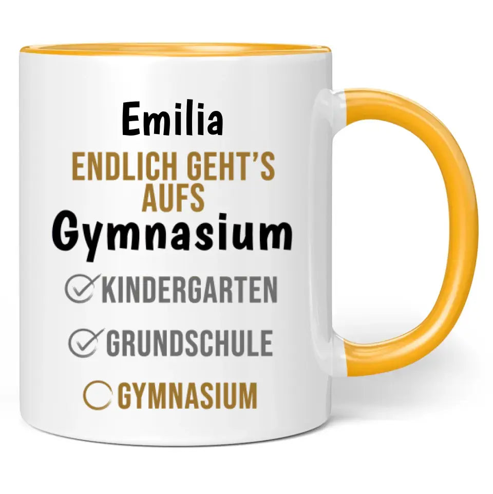 Tasse "Endlich geht's aufs Gymnasium" personalisiert mit Wunschname