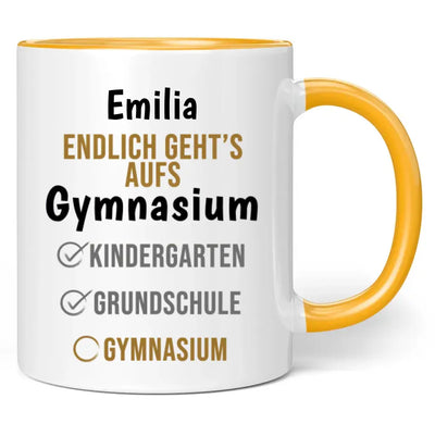 Tasse "Endlich geht's aufs Gymnasium" personalisiert mit Wunschname