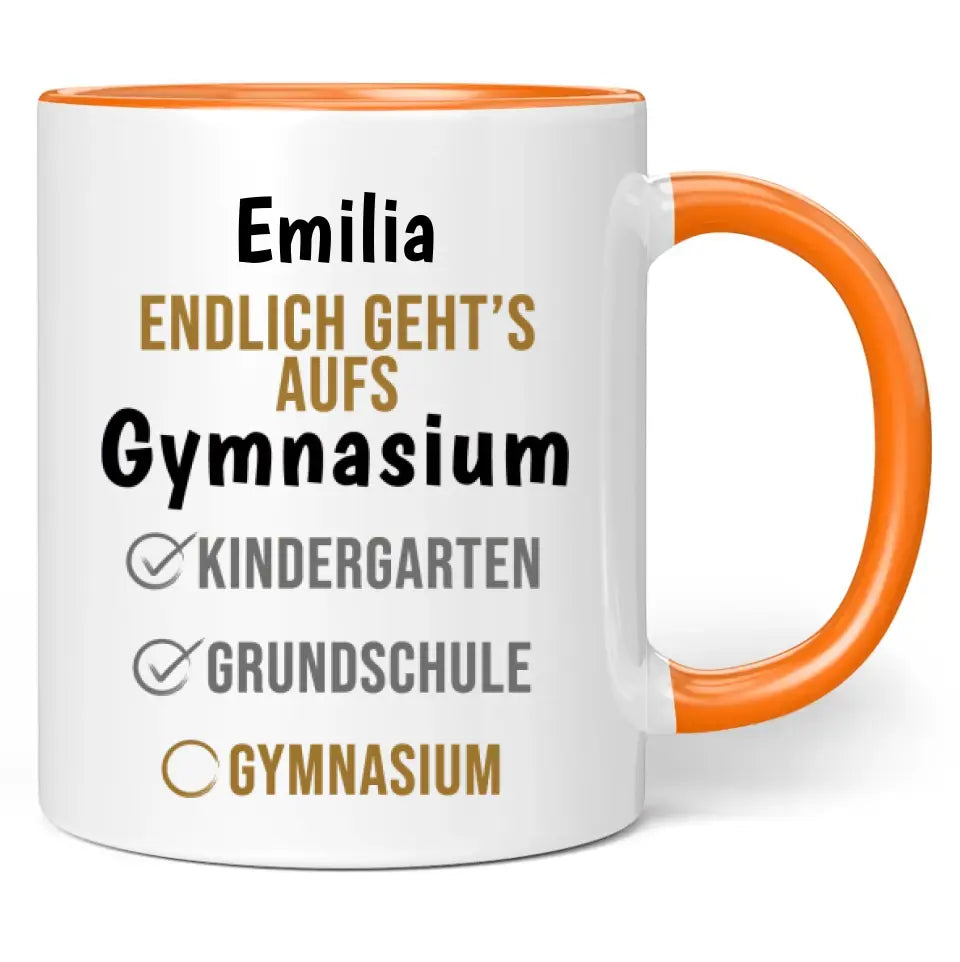 Tasse "Endlich geht's aufs Gymnasium" personalisiert mit Wunschname