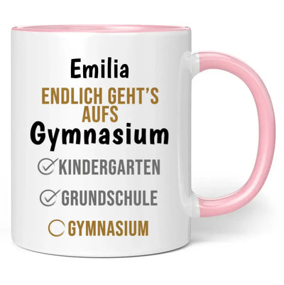 Tasse "Endlich geht's aufs Gymnasium" personalisiert mit Wunschname