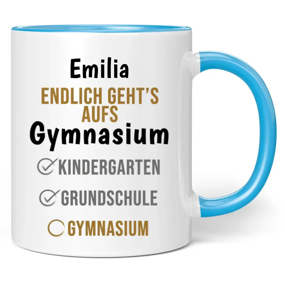 Tasse "Endlich geht's aufs Gymnasium" personalisiert mit Wunschname