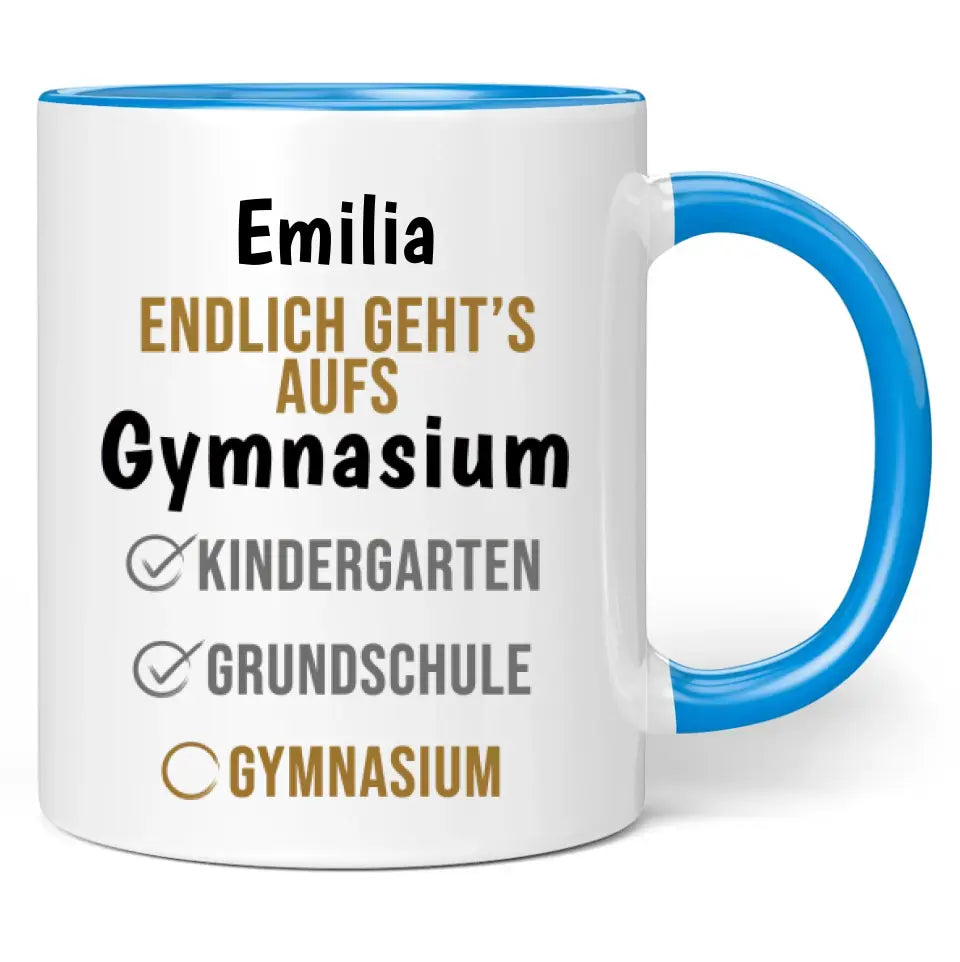 Tasse "Endlich geht's aufs Gymnasium" personalisiert mit Wunschname