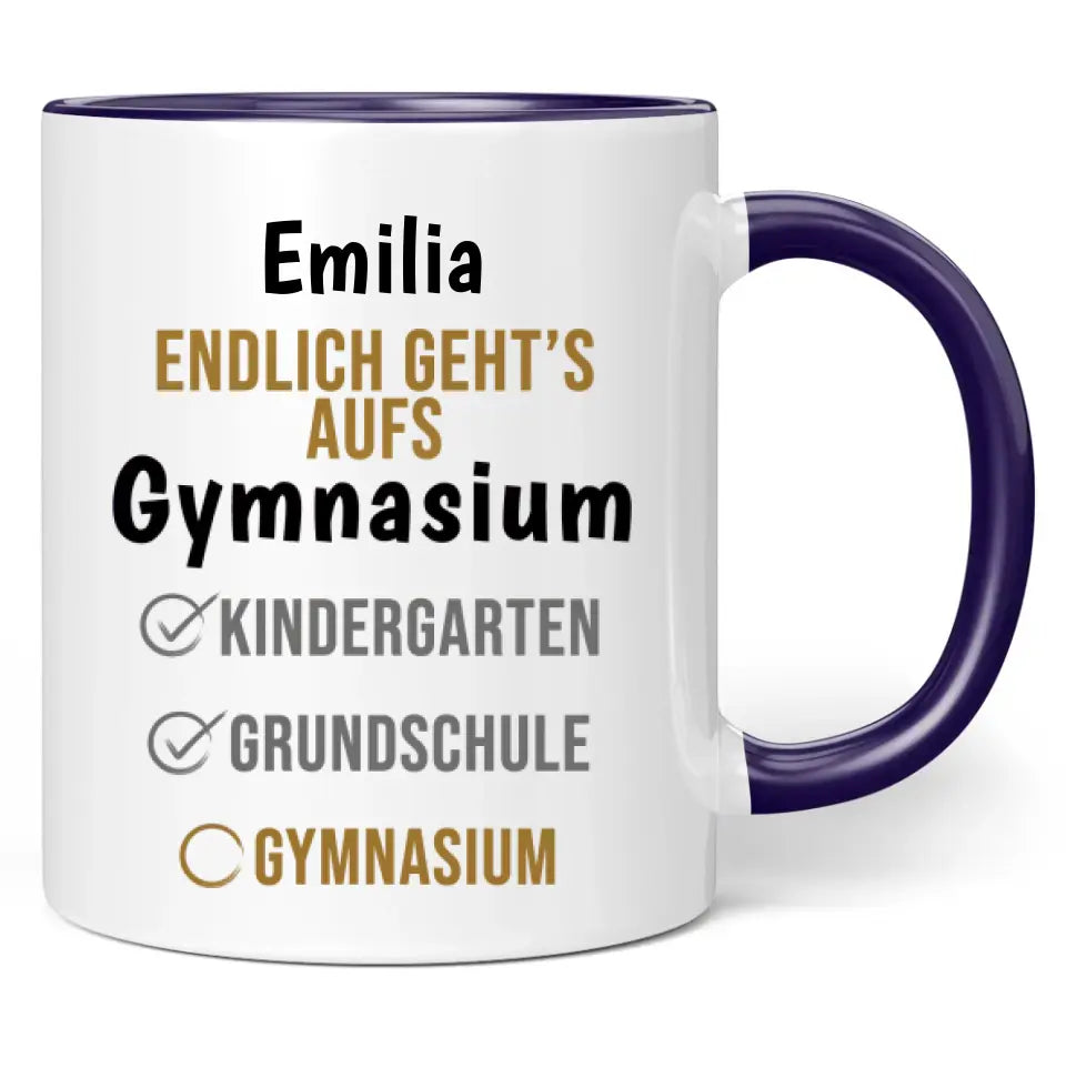 Tasse "Endlich geht's aufs Gymnasium" personalisiert mit Wunschname