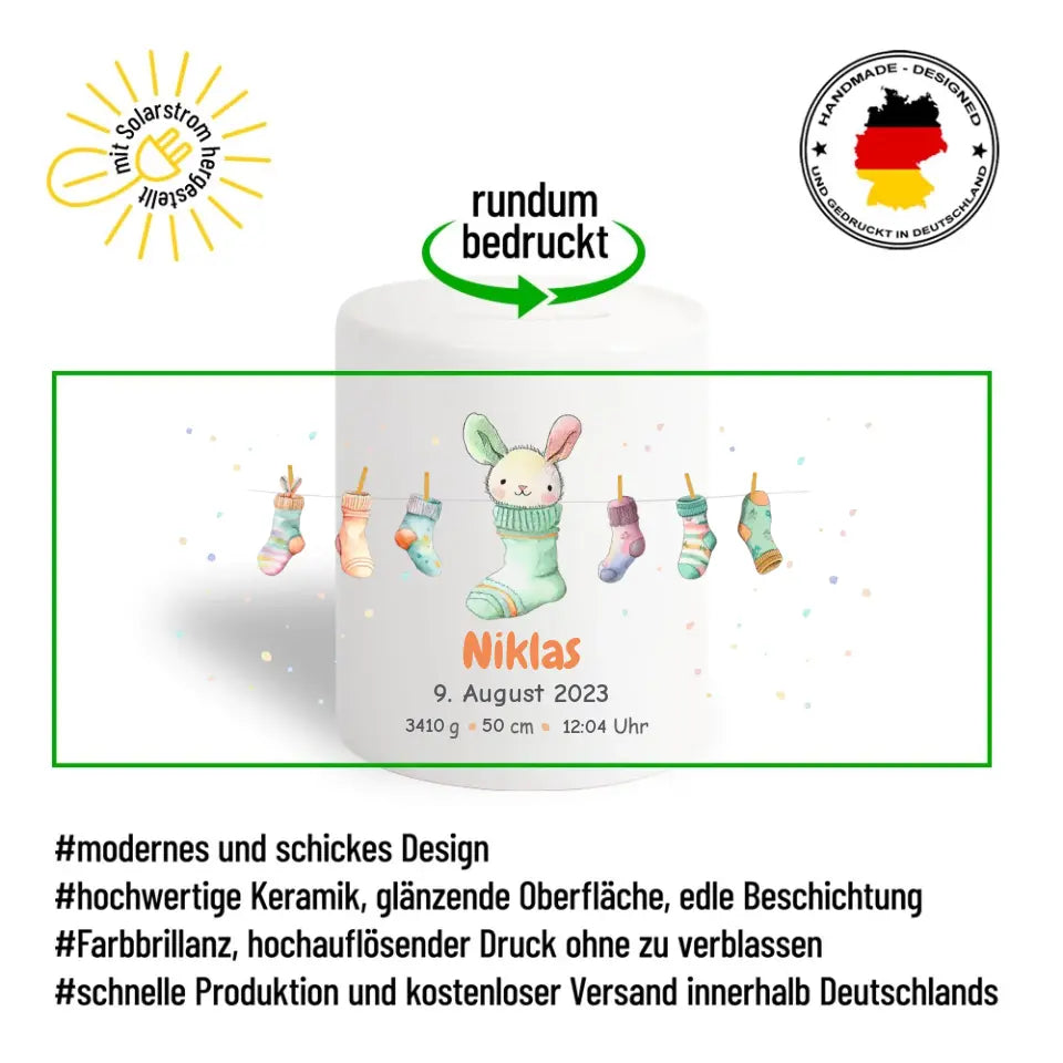 Spardose "Babysocken" personalisiert mit Namen, Geburtsdatum, Uhrzeit, Gewicht + Größe