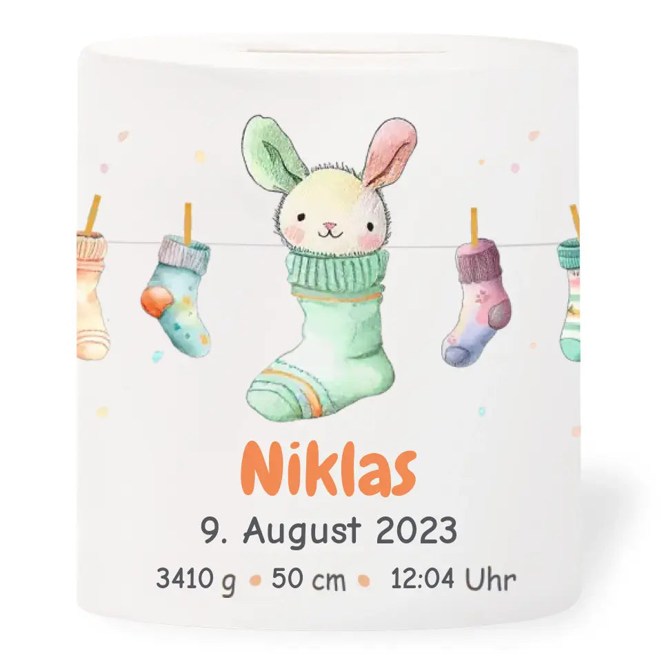 Spardose "Babysocken" personalisiert mit Namen, Geburtsdatum, Uhrzeit, Gewicht + Größe