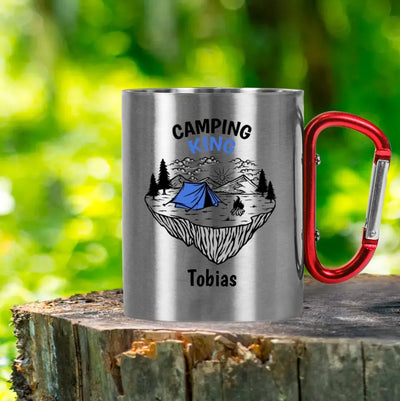 Tasse mit Karabiner "Camping King / Queen" personalisiert mit Wunschname