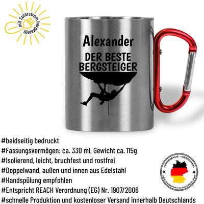Tasse mit Karabiner "Der/Die beste/-r Bergsteiger/-in" personalisiert mit Wunschname