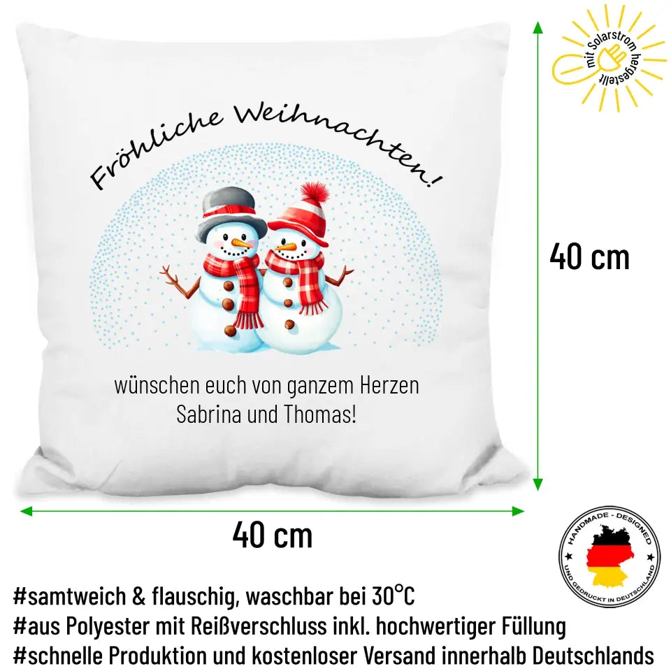 Kissen "Fröhliche Weihnachten mit Schneemännerpärchen" personalisiert mit Wunschtext