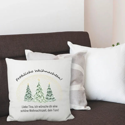 Kissen "Fröhliche Weihnachten mit 3 Tannenbäume" personalisiert mit Wunschtext