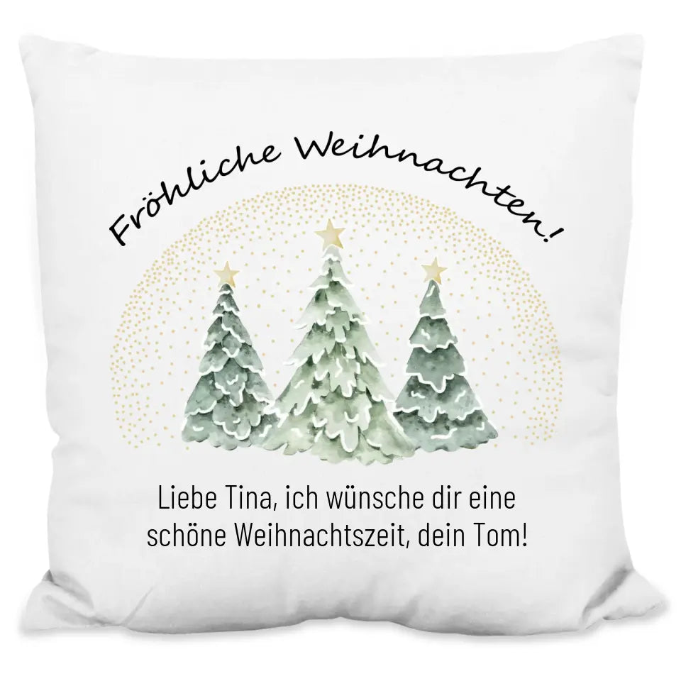 Kissen "Fröhliche Weihnachten mit 3 Tannenbäume" personalisiert mit Wunschtext