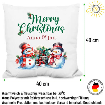 Kissen "Merry Christmas-Schneemänner" personalisiert mit Wunschtext