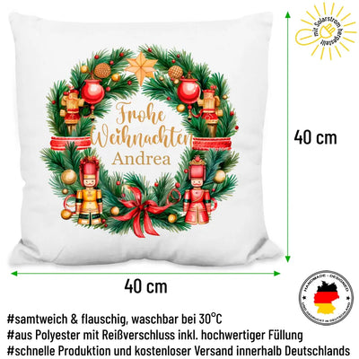 Kissen "Frohe Weihnachten - mit Kranz-Motiv" personalisiert mit Name