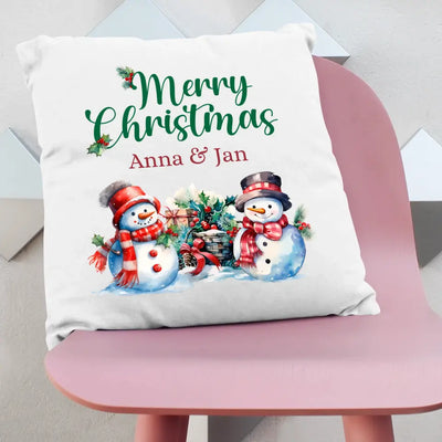 Kissen "Merry Christmas-Schneemänner" personalisiert mit Wunschtext