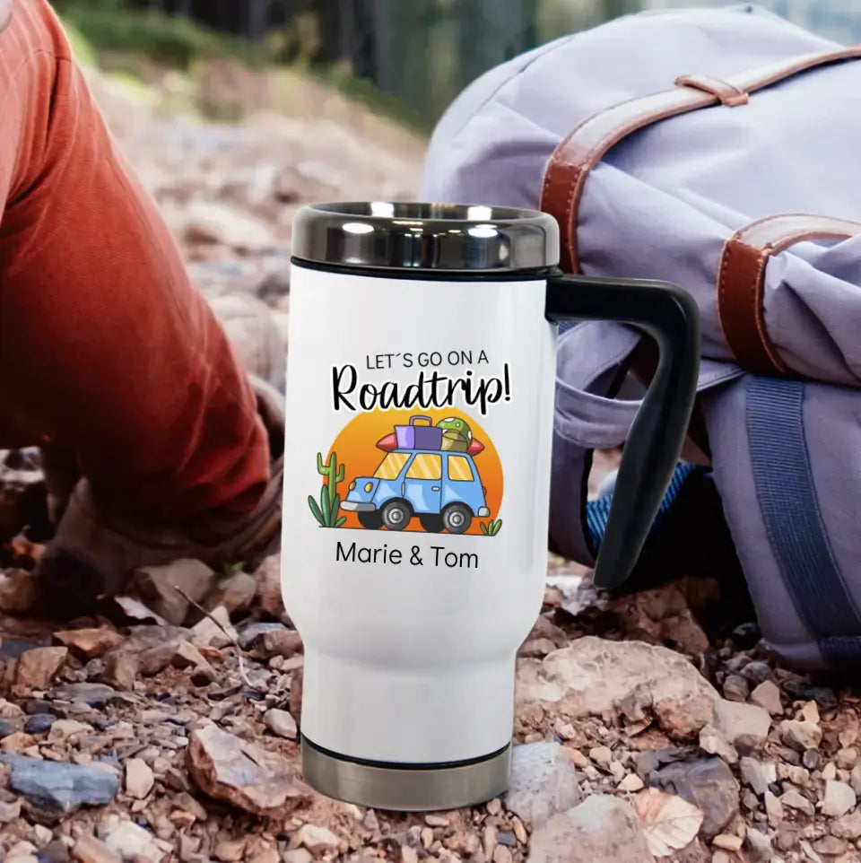 Thermobecher "Let's go on a Roadtrip!" personalisiert mit Name