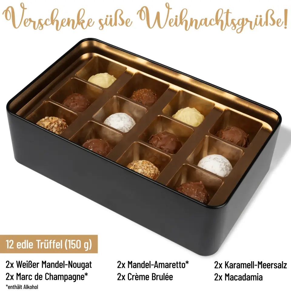 Geschenkdose mit Pralinen personalisiert mit Wunschtext „Fröhliche Weihnachten“