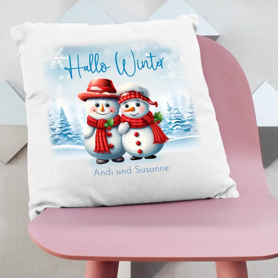 Kissen "Hallo Winter Schneemänner" personalisiert mit Wunschtext