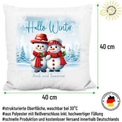 Kissen "Hallo Winter Schneemänner" personalisiert mit Wunschtext
