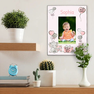 Bilderrahmen für Foto 10x15cm personalisiert mit Name & Geburtsdaten "Elefantenbaby-Rosa"