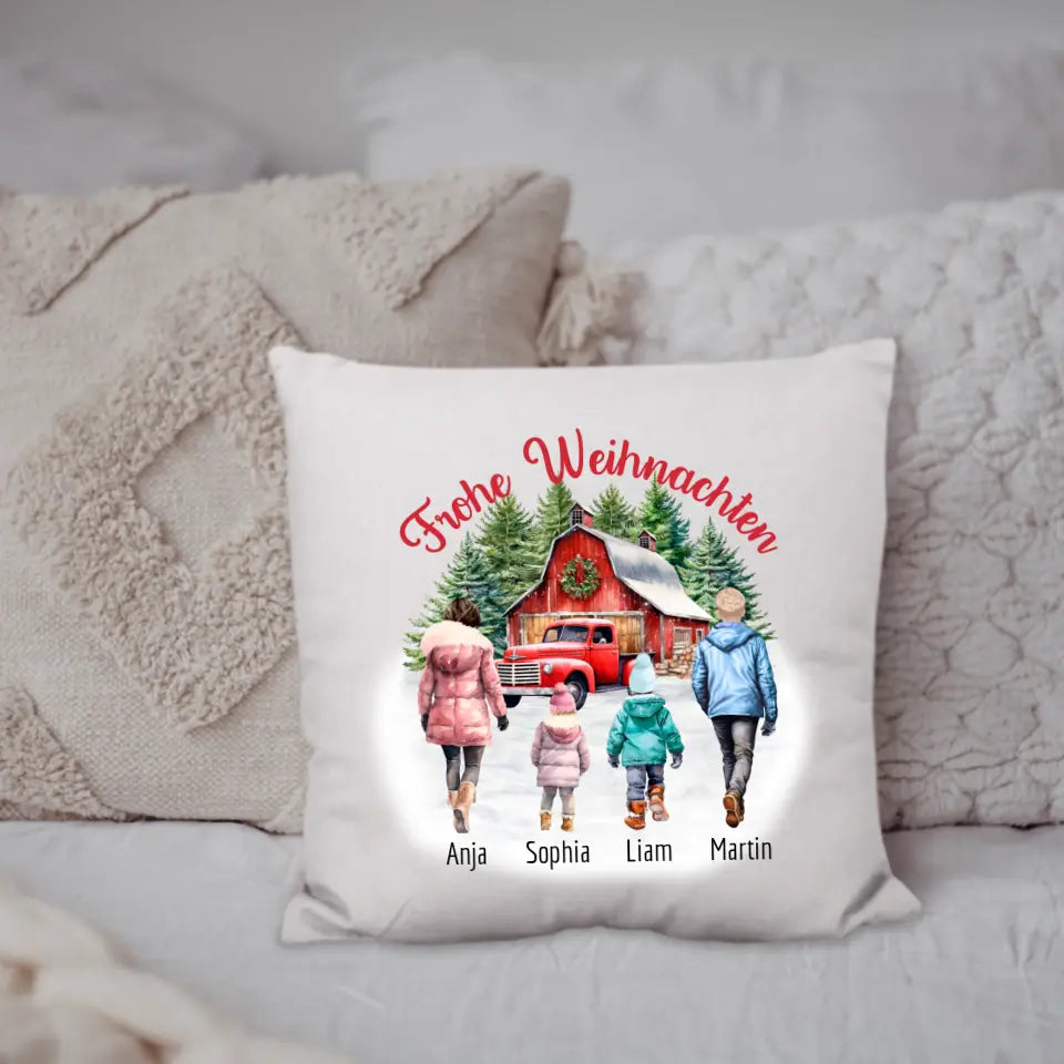 Kissen personalisiert mit Namen & Figuren „Frohe Weihnachten“ - Familien-Motiv
