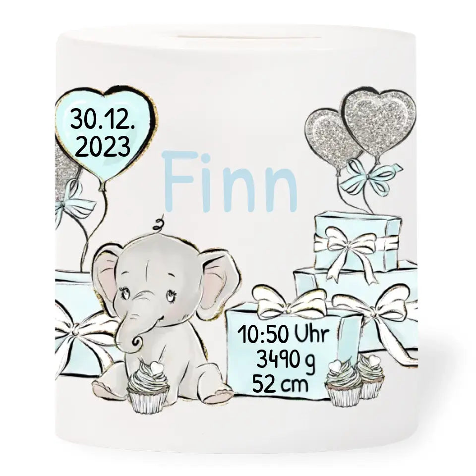 Spardose "Babyelefant" personalisiert mit Namen, Geburtsdatum, Uhrzeit, Gewicht + Größe