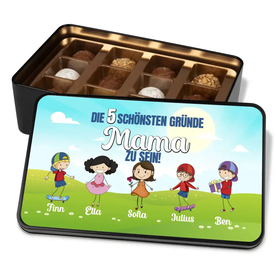 Geschenkdose mit Pralinen personalisiert mit Wunschtext „Die schönsten Gründe Mama/Papa/Oma/Opa zu sein!“