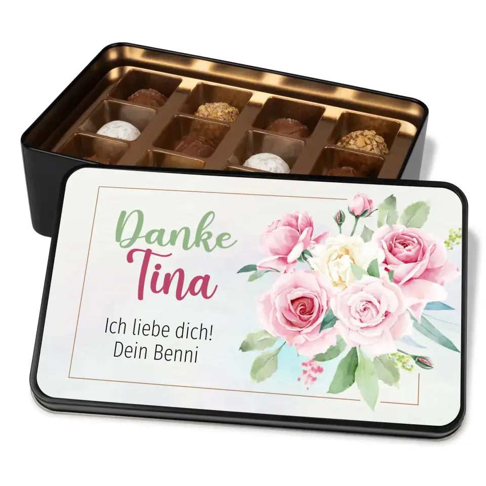 Geschenkdose mit Pralinen personalisiert mit Wunschtext „Danke - Rose“