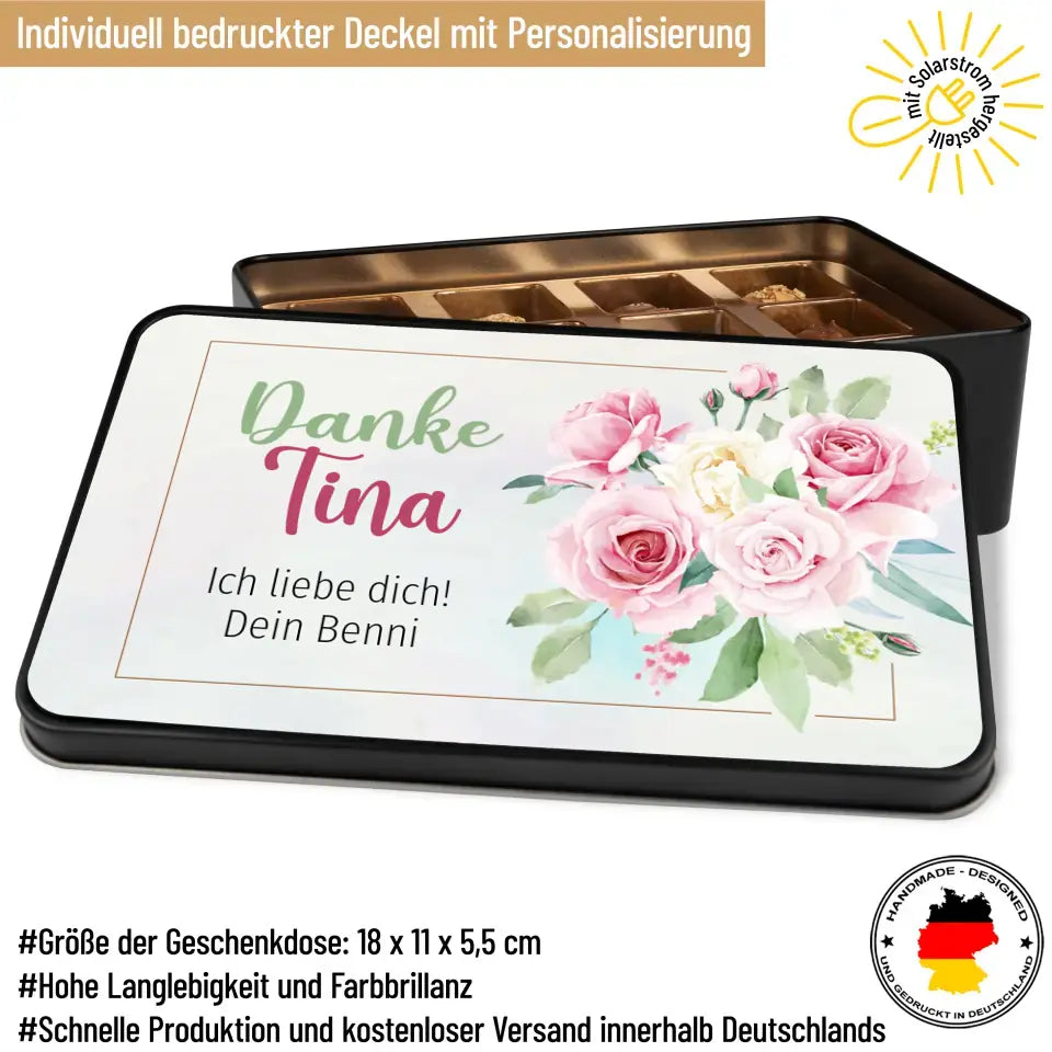 Geschenkdose mit Pralinen personalisiert mit Wunschtext „Danke - Rose“