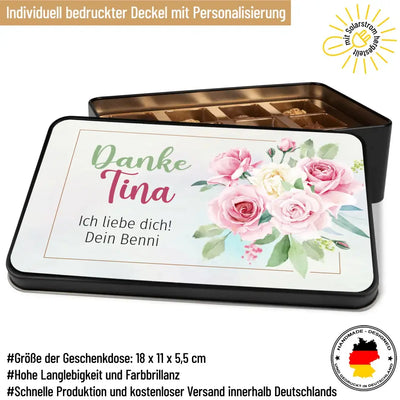 Geschenkdose mit Pralinen personalisiert mit Wunschtext „Danke - Rose“