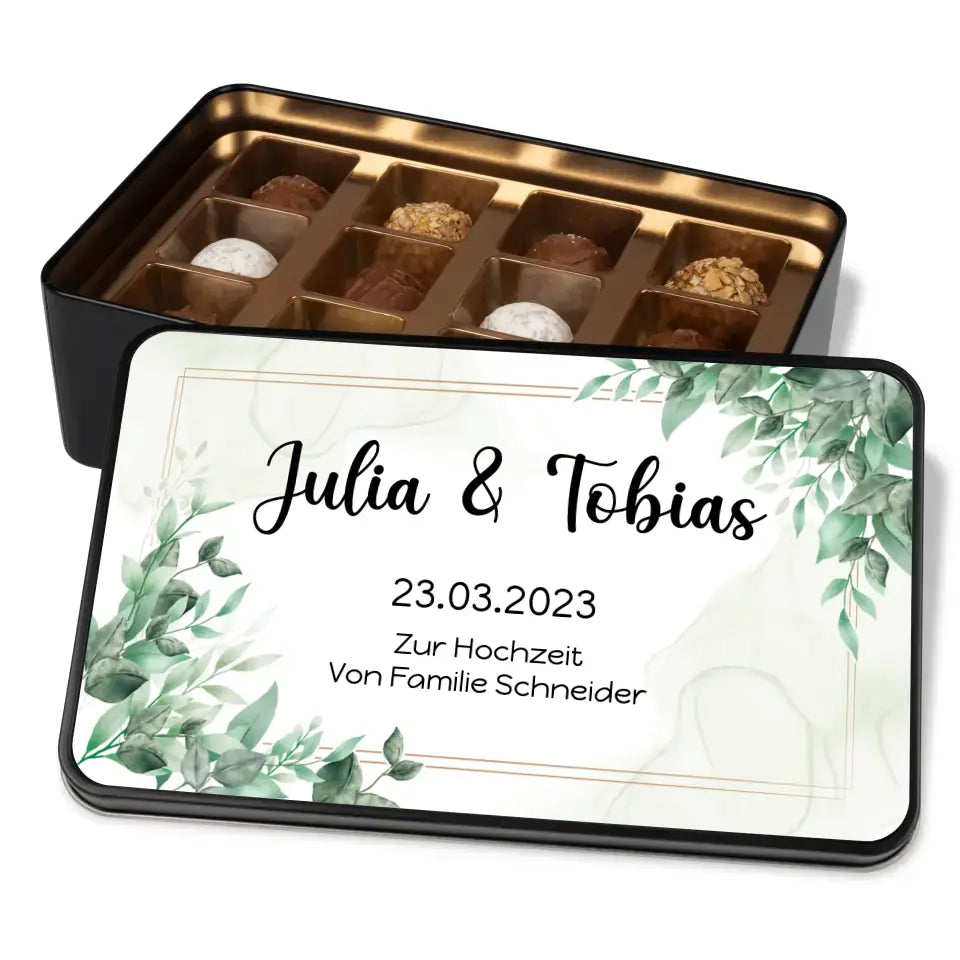 Geschenkdose mit Pralinen personalisiert mit Name, Datum & Wunschtext „Wunschtext-Blätter“