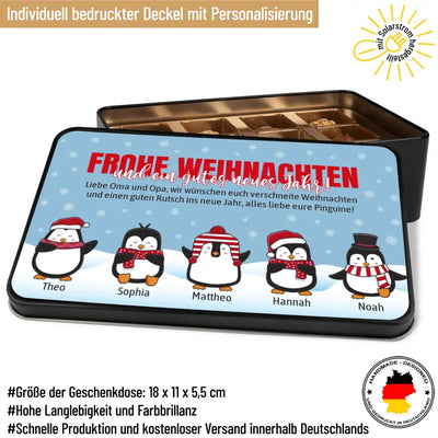 Geschenkdose mit Pralinen personalisiert „Frohe Weihnachten - Pinguine“