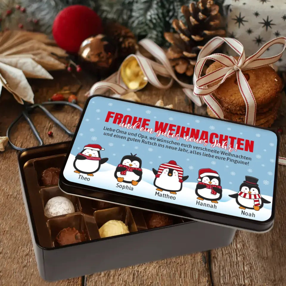 Geschenkdose mit Pralinen personalisiert „Frohe Weihnachten - Pinguine“