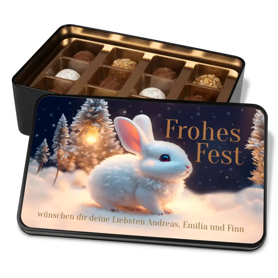 Geschenkdose mit Pralinen personalisiert mit Wunschtext „Frohes fest - Schneehase“