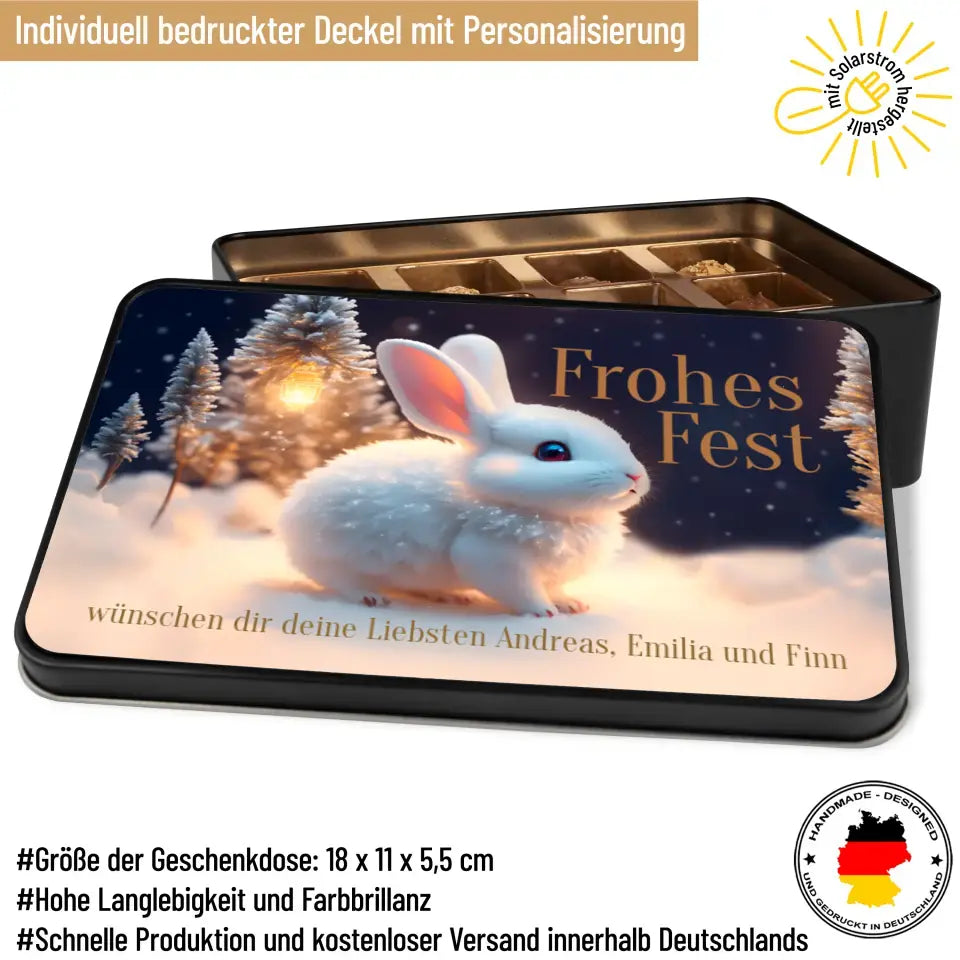 Geschenkdose mit Pralinen personalisiert mit Wunschtext „Frohes fest - Schneehase“