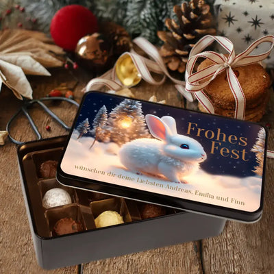 Geschenkdose mit Pralinen personalisiert mit Wunschtext „Frohes fest - Schneehase“
